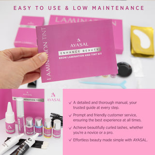 Easy-to-use Ayasal brow lamination and tint kit with detailed manual, including all necessary tools for achieving beautifully styled and tinted brows with minimal maintenance.