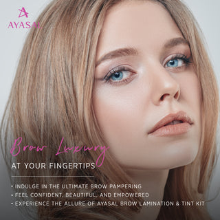 Close-up of a model with perfectly styled eyebrows using the Ayasal brow lamination and tint kit, promoting luxury brow pampering and confidence with professional results.