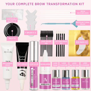 Comprehensive brow transformation kit by Ayasal, including lash perm, fixation, nutrition serum, tint cream, lash glue, skin barrier, and various tools like microbrushes, lash brushes, and eye pads for professional brow styling.