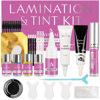 Complete eyebrow lamination and tint kit with perm solution, fixation, nutrition serum, brow dye, skin barrier, developer, and tools for professional or DIY brow styling.