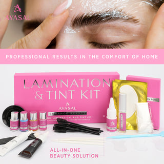 Ayasal lamination and tint kit showcasing professional results for eyebrow styling at home, featuring all essential tools and solutions for lifting, tinting, and perfecting brows.