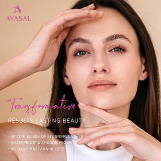 Model showcasing long-lasting eyelash results after using Ayasal lash lift kit, highlighting smudge-proof, waterproof, and mascara-free benefits for up to 6 weeks.