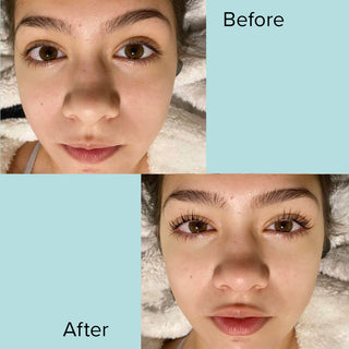 Before and after results of a lash lift treatment showing natural eyelashes transformed into lifted, curled lashes, enhancing eye appearance.