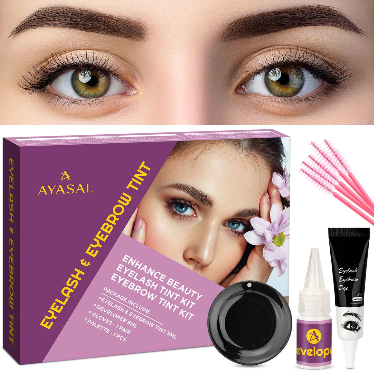 AYASAL Lash & Brow Tint Kit, Professional Semi-Permanent Eyelash & Eyebrow 2-in-1 Color Kit, Long Lasting for 8 Weeks, Suitable for Salon & Home Use. AYASAL
