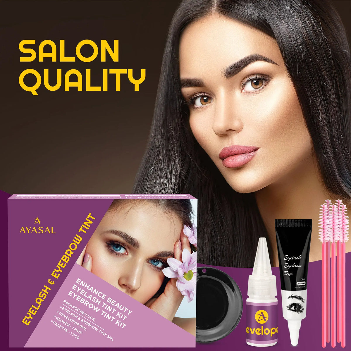 AYASAL Lash & Brow Tint Kit, Professional Semi-Permanent Eyelash & Eyebrow 2-in-1 Color Kit, Long Lasting for 8 Weeks, Suitable for Salon & Home Use. AYASAL