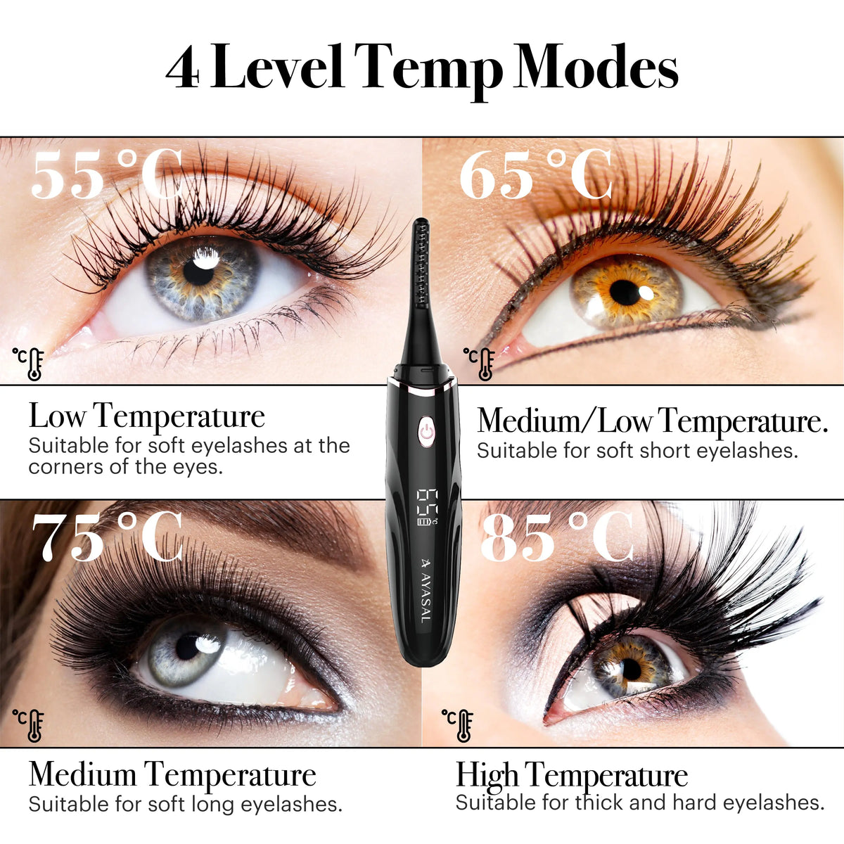 Rechargeable Heated Eyelash Curlers, 48 Hours Long Lasting with 4 Temperature Modes AYASAL